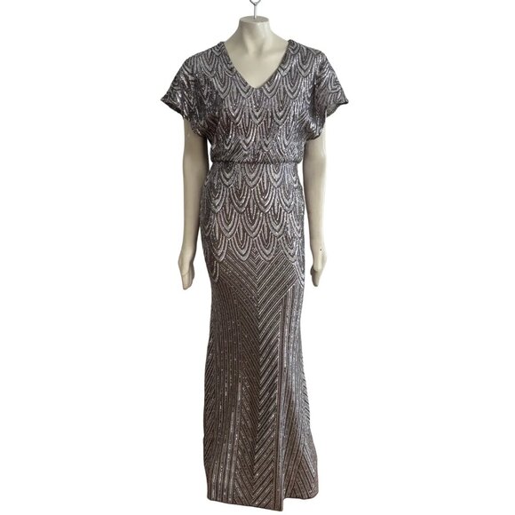 BETSY & ADAM Art Deco V-neck Sequins Formal Dress in Silver Mocha SZ 6 - Picture 1 of 10